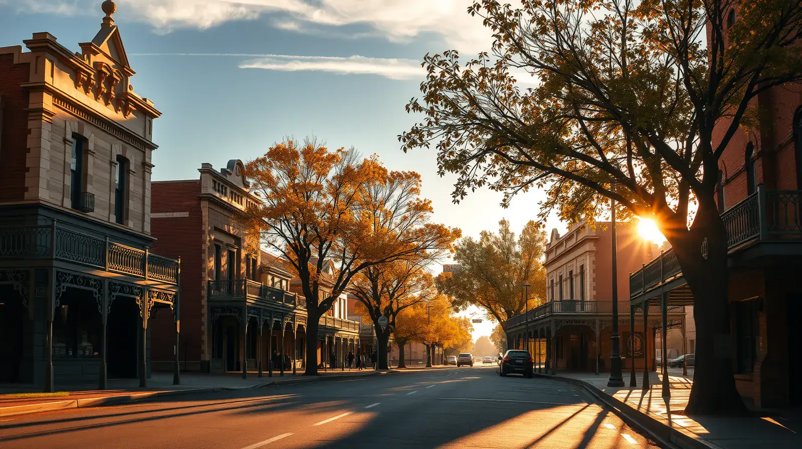 Heritage gold-rush streetscape with iron-lacework verandahs and autumn trees