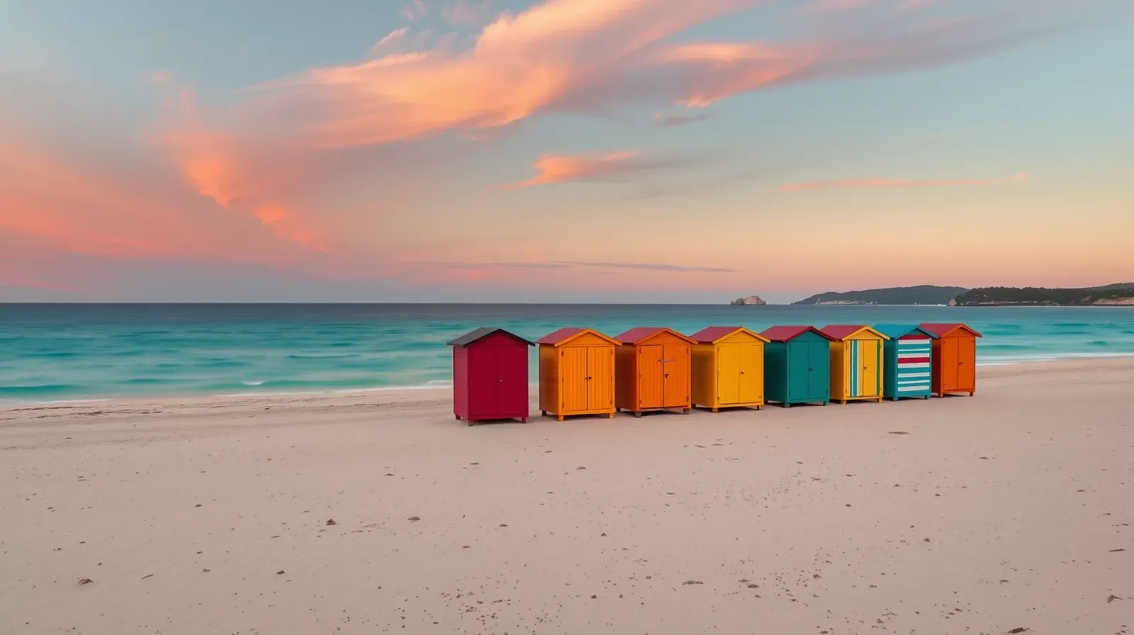Colourful bathing boxes beside calm bay water at sunset