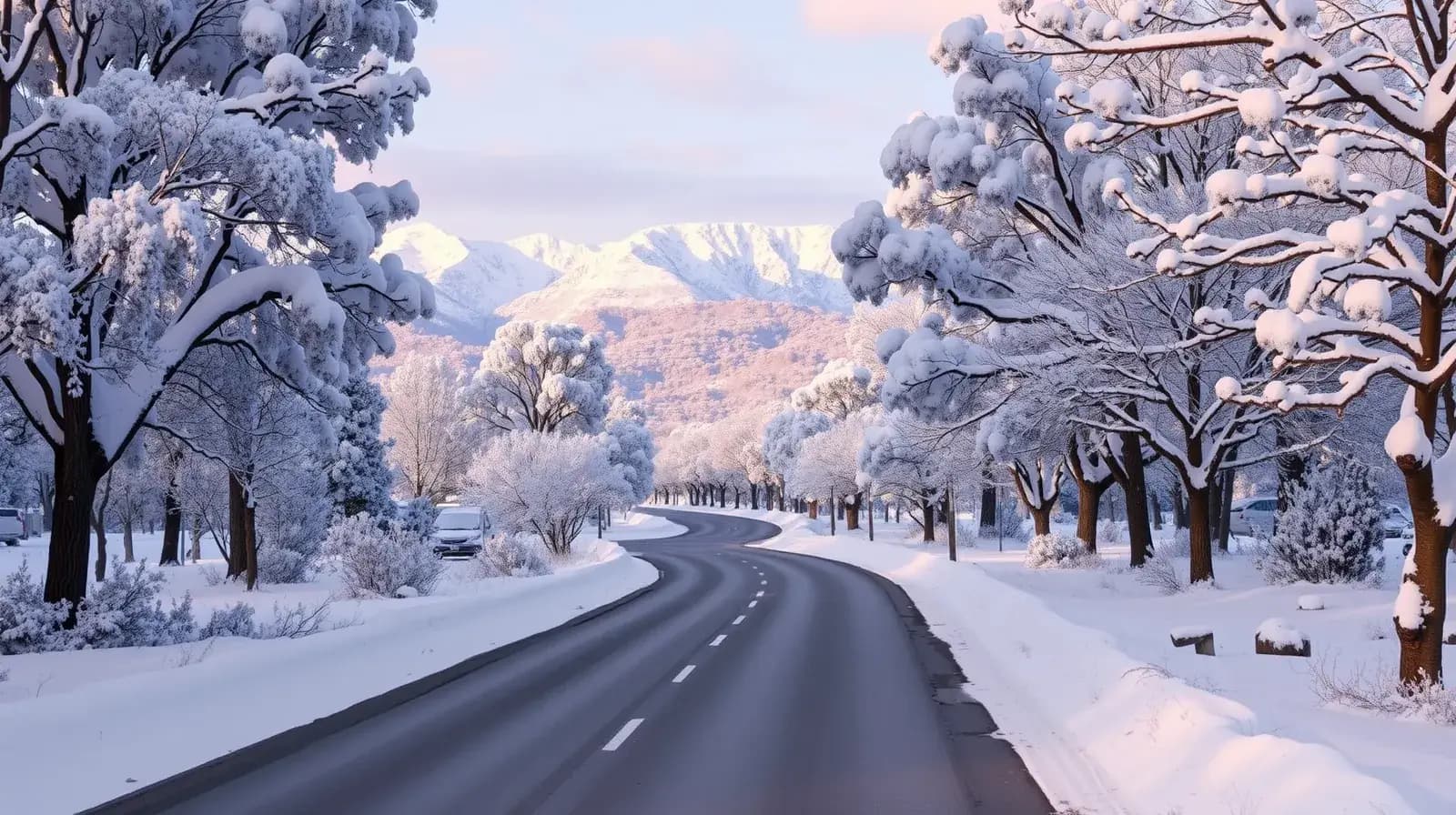 Snow-covered alpine road winding through snow gums